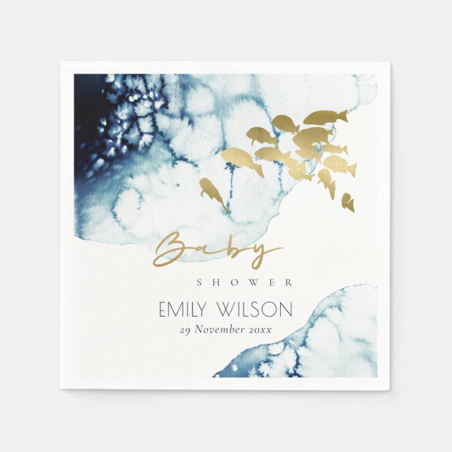 ELEGANT GOLD NAVY UNDERWATER  FISH BABY SHOWER NAPKIN (Front)