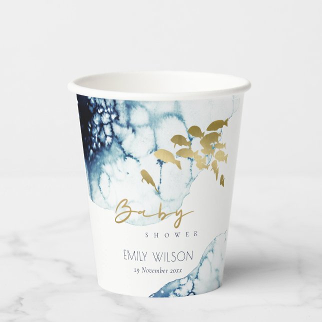ELEGANT GOLD NAVY UNDERWATER  FISH BABY SHOWER PAPER CUPS (Front)