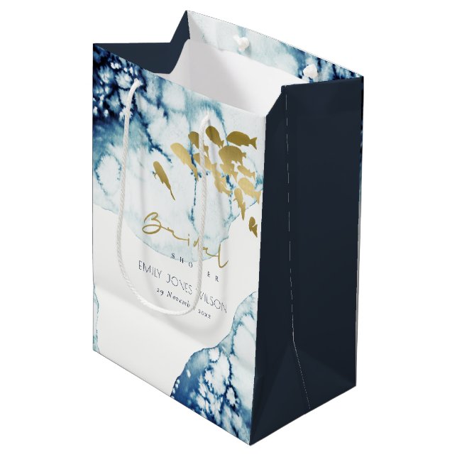 ELEGANT GOLD NAVY UNDERWATER  FISH BRIDAL SHOWER  MEDIUM GIFT BAG (Front Angled)
