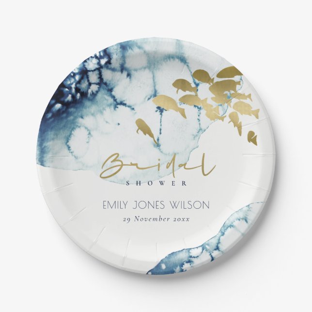 ELEGANT GOLD NAVY UNDERWATER  FISH BRIDAL SHOWER  PAPER PLATE (Front)