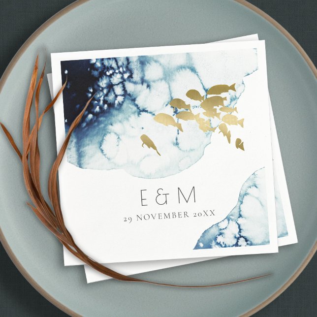 ELEGANT GOLD NAVY UNDERWATER FISH MONOGRAM WEDDING NAPKIN (Creator Uploaded)
