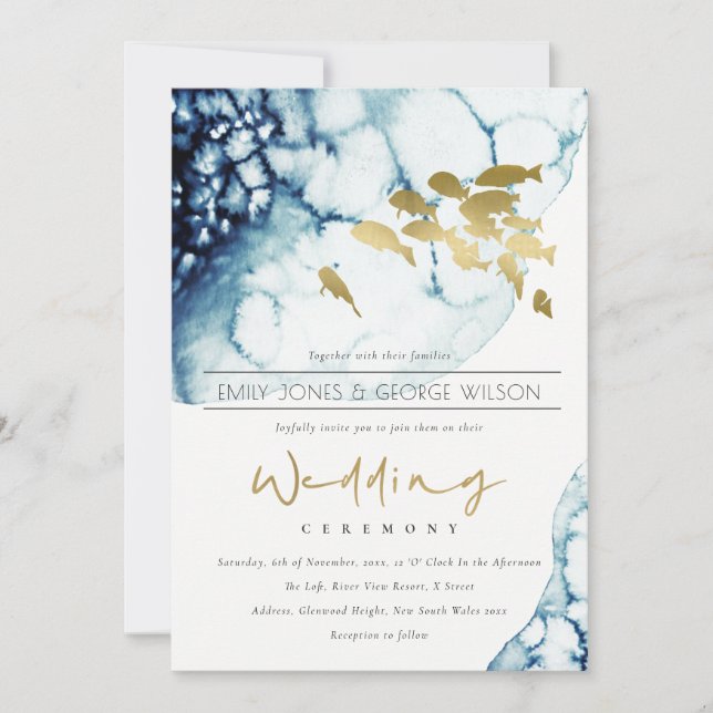 ELEGANT GOLD NAVY UNDERWATER FISH WEDDING INVITE (Front)