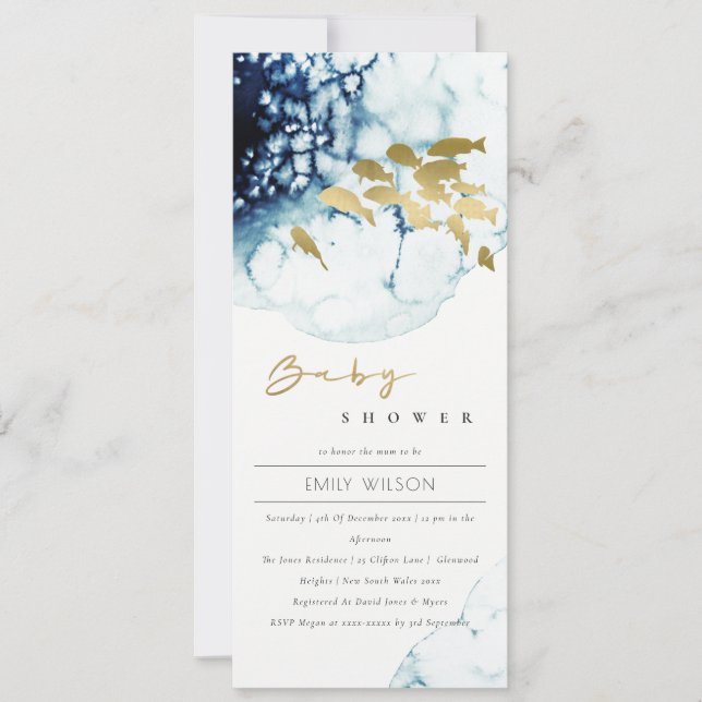 ELEGANT GOLD NAVY UNDERWATER SEA FISH BABY SHOWER INVITATION (Front)