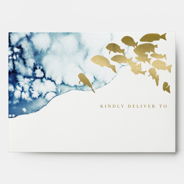 Elegant Gold Navy Underwater Sea Fish Wedding Envelope (Front)