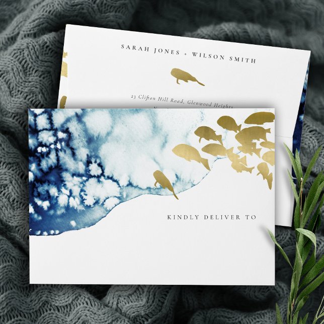 Elegant Gold Navy Underwater Sea Fish Wedding Envelope (Creator Uploaded)