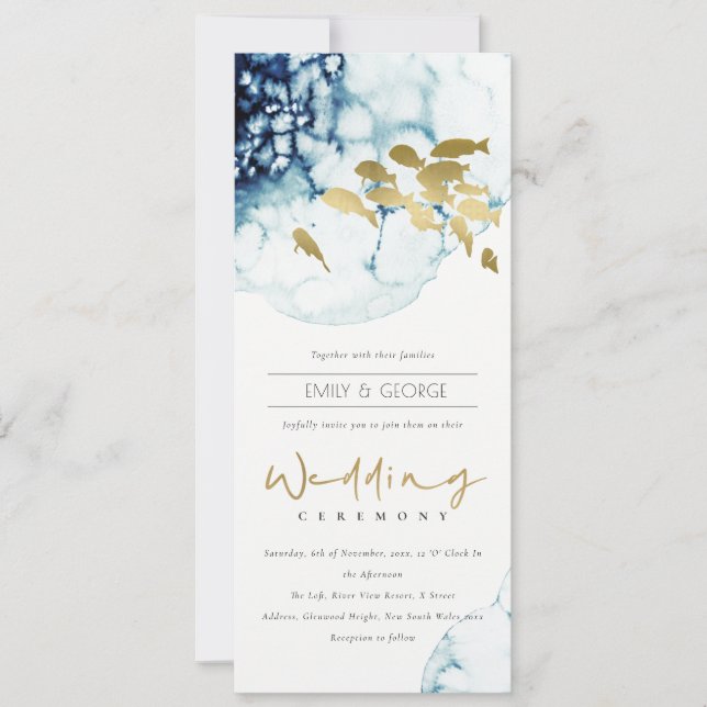 ELEGANT GOLD NAVY UNDERWATER SEA FISH WEDDING INVITATION (Front)