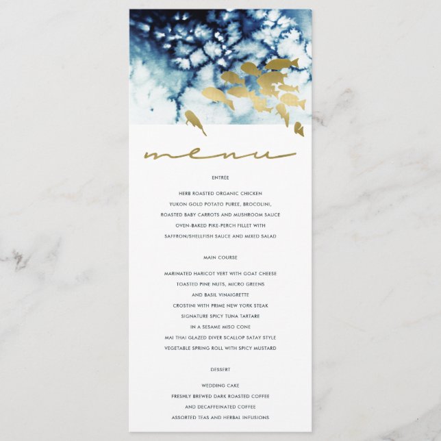 ELEGANT GOLD NAVY UNDERWATER SEA FISH WEDDING MENU (Front)