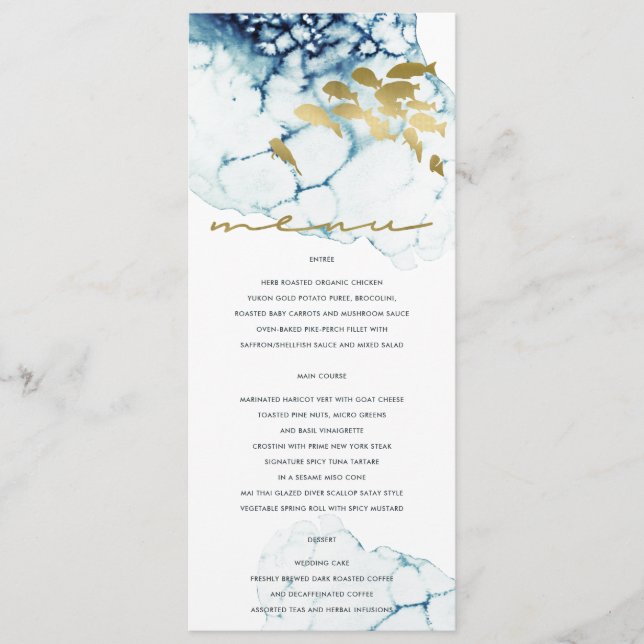 ELEGANT GOLD NAVY UNDERWATER SEA FISH WEDDING MENU (Front)