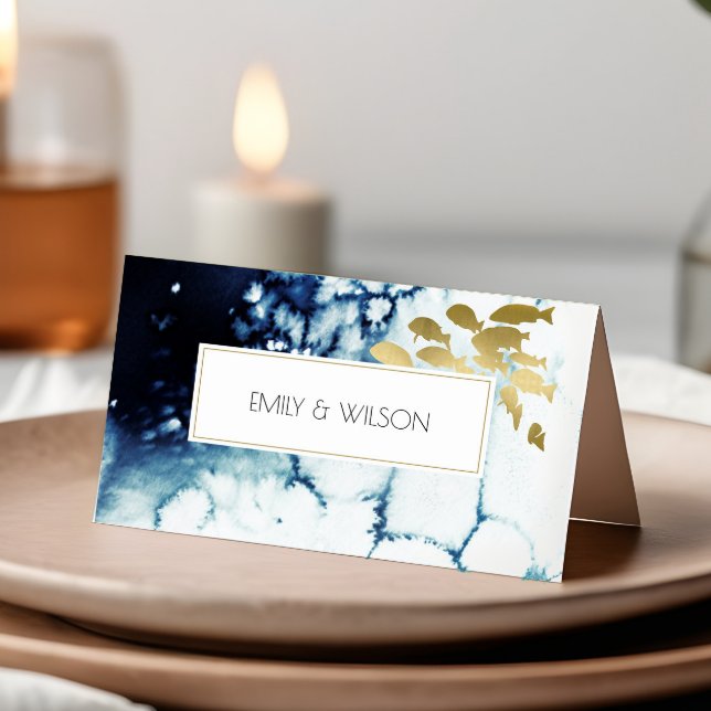 ELEGANT GOLD NAVY UNDERWATER SEA FISH WEDDING PLACE CARD (Creator Uploaded)