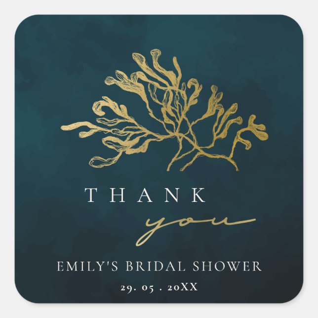 ELEGANT GOLD NAVY UNDERWATER SEAWEED BRIDAL SHOWER SQUARE STICKER (Front)
