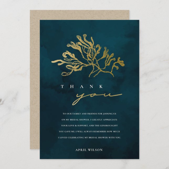 ELEGANT GOLD NAVY UNDERWATER SEAWEED BRIDAL SHOWER THANK YOU CARD (Front/Back)