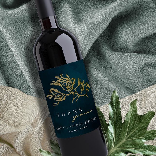 ELEGANT GOLD NAVY UNDERWATER SEAWEED BRIDAL SHOWER WINE LABEL (Creator Uploaded)