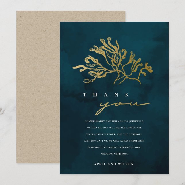 ELEGANT GOLD NAVY UNDERWATER SEAWEED WEDDING  THANK YOU CARD (Front/Back)