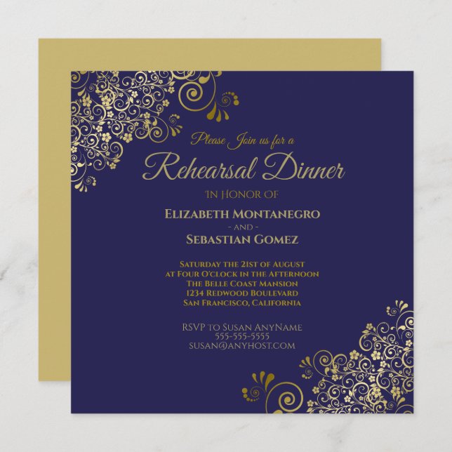Elegant Gold Navy Wedding Rehearsal Dinner Square Invitation (Front/Back)