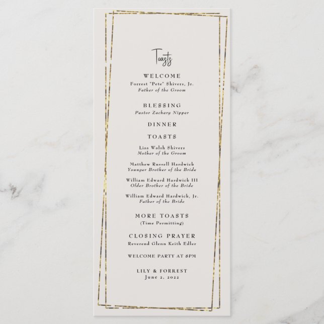 Elegant Gold Neutral Wedding Toasts  Menu (Front)