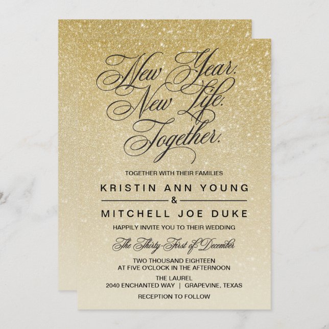 Elegant Gold New Years Eve Wedding Invitation (Front/Back)