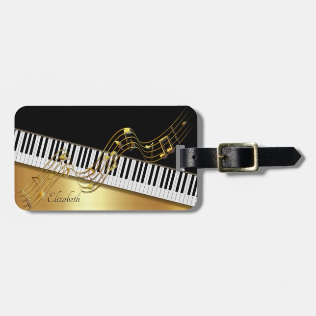 Elegant Gold Notes,Piano Keys -Personalised Luggage Tag (Front Horizontal)