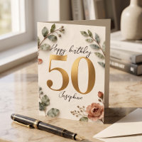 Elegant Gold Numbers Botanical 50th Birthday Card