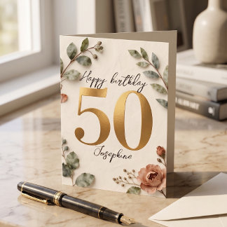 Elegant Gold Numbers Botanical 50th Birthday Card
