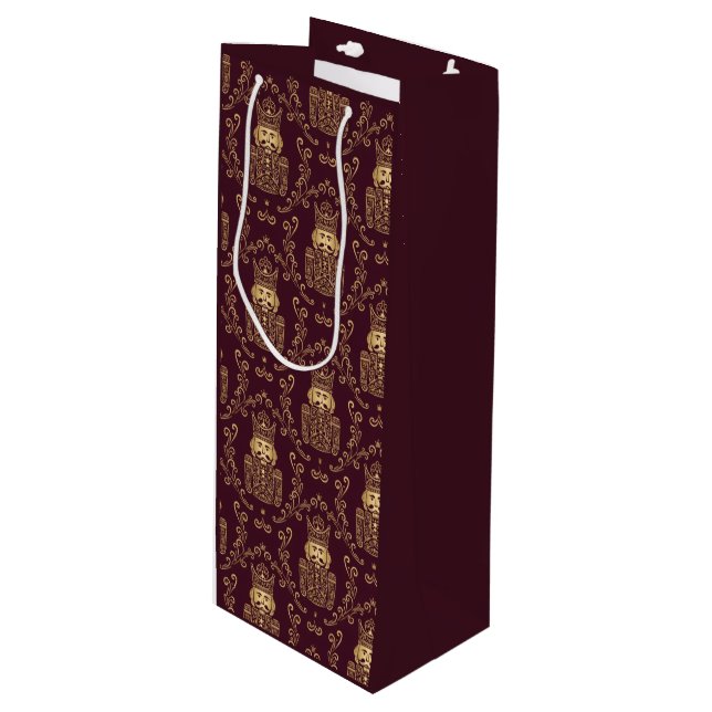 Elegant Gold Nutcracker Christmas Damask Wine Gift Bag (Front Angled)