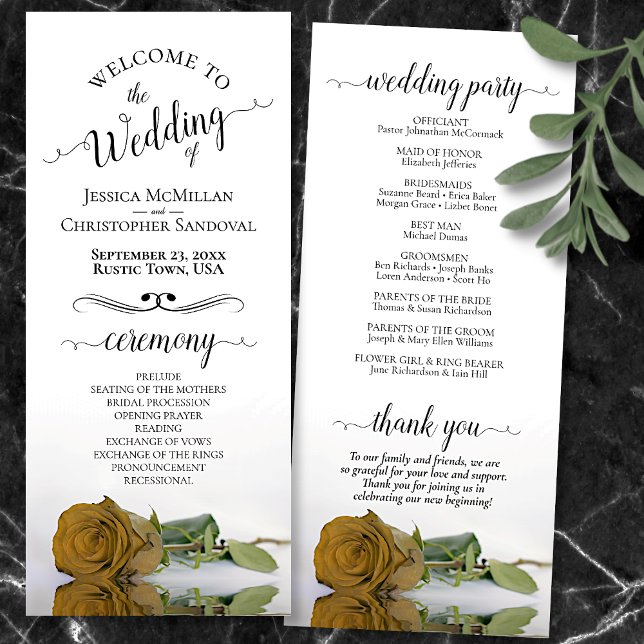 Elegant Gold Ochre Goldenrod Rose Romantic Wedding Program (Front and Back)