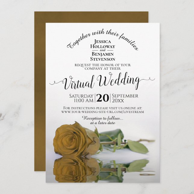 Elegant Gold Ochre Romantic Rose Virtual Wedding Invitation (Front/Back)