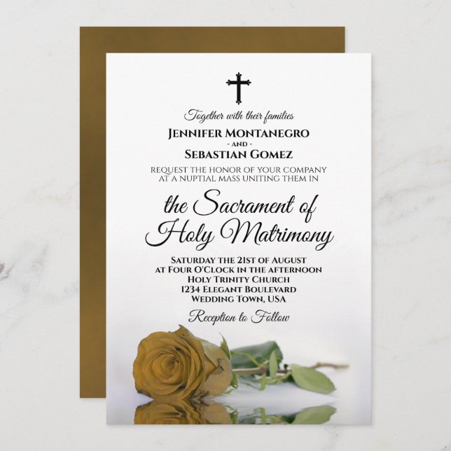 Elegant Gold Ochre Rose Modern Catholic Wedding Invitation (Front/Back)
