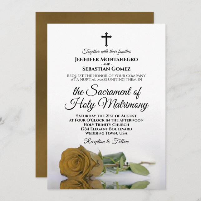 Elegant Gold Ochre Rose Modern Catholic Wedding Invitation (Front/Back)