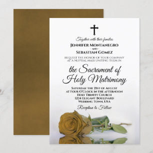 Elegant Gold Ochre Rose Modern Catholic Wedding Invitation
