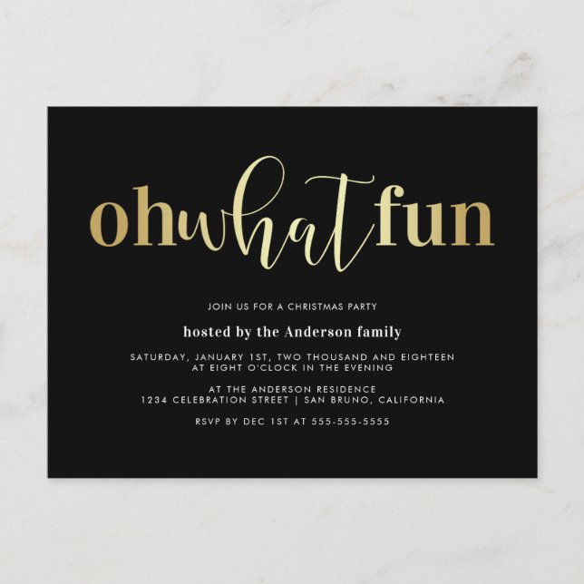 Elegant Gold Oh What Fun Christmas Party Invites Postcard (Front)