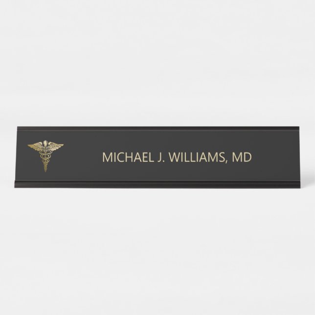 Elegant Gold on Black Caduceus Doctor Desk Name Plate (Front)