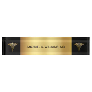 Elegant Gold on Black Caduceus Medical Doctor Nameplate