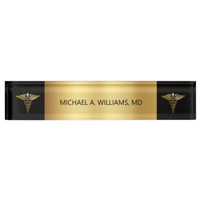 Elegant Gold on Black Caduceus Medical Doctor Nameplate (Front)
