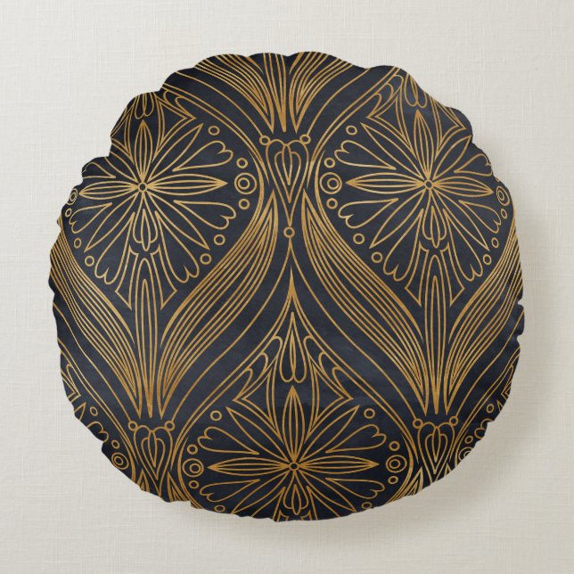 Elegant gold on black damask pattern round cushion (Front)