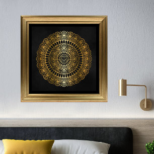 Elegant Gold on Black Lotus Henna Mandala Print