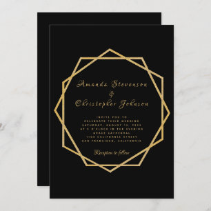 Elegant Gold on Black Modern Geometric Wedding Invitation
