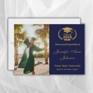 Elegant Gold on Blue Photo Graduation Announcement