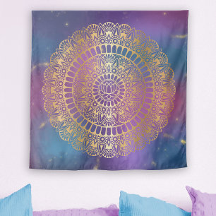 Elegant Gold on Bright Nebula Lotus Henna Mandala Tapestry