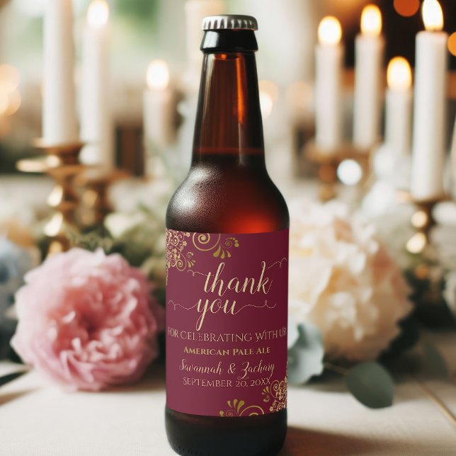 Elegant Gold on Burgundy Maroon Wedding Thank You Beer Bottle Label (Creator Uploaded)