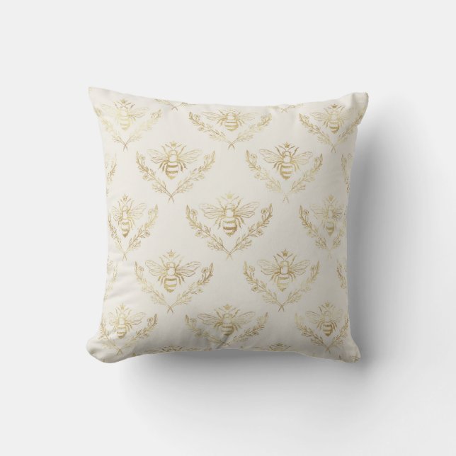 Elegant, Gold on Cream, Bees. Cushion (Front)
