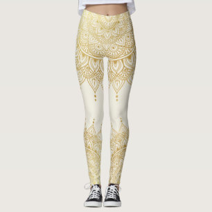 Elegant Gold on Cream Floral Henna Mandala Legging