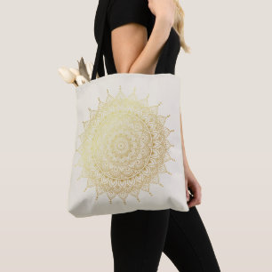 Elegant Gold on Cream Floral Henna Mandala Tote Bag