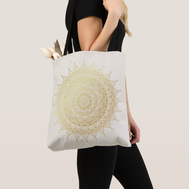 Elegant Gold on Cream Floral Henna Mandala Tote Bag (Close Up)