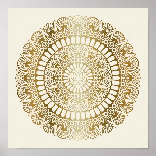 Elegant Gold on Cream Lotus Henna Mandala Print (Front)