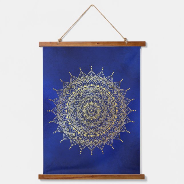 Elegant Gold on Deep Blue Floral Henna Mandala Hanging Tapestry (Front)