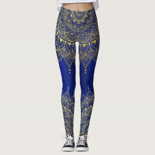 Elegant Gold on Deep Blue Floral Henna Mandala Leggings