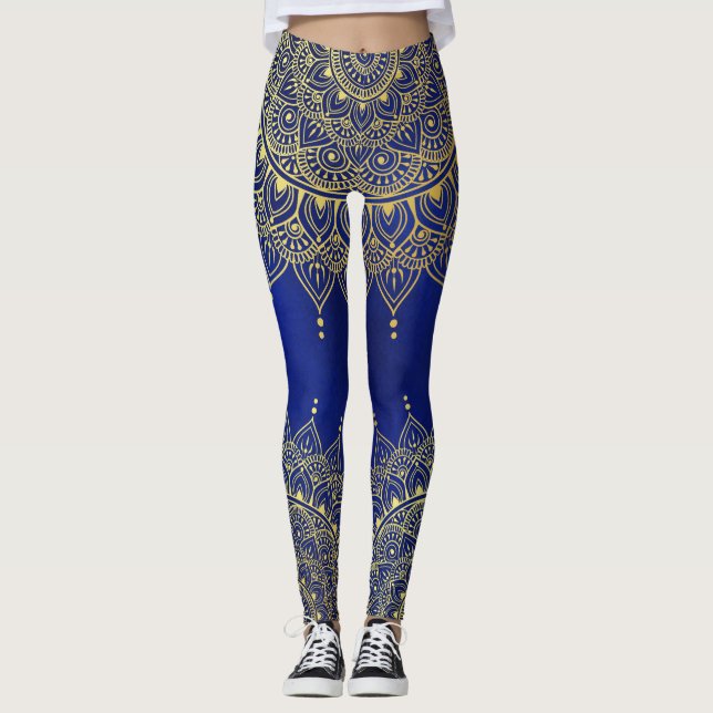 Elegant Gold on Deep Blue Floral Henna Mandala Leggings (Front)