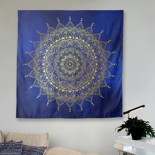 Elegant Gold on Deep Blue Floral Henna Mandala Tapestry