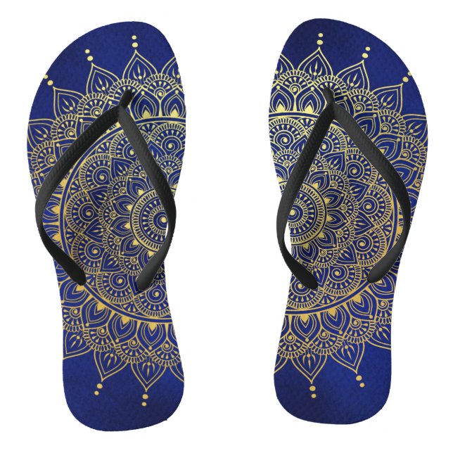 Elegant Gold on Deep Blue Floral Henna Mandala Thongs (Footbed)