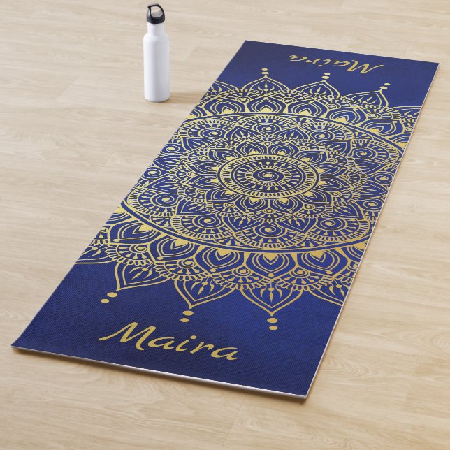 Elegant Gold on Deep Blue Floral Henna Mandala Yoga Mat (In Situ)